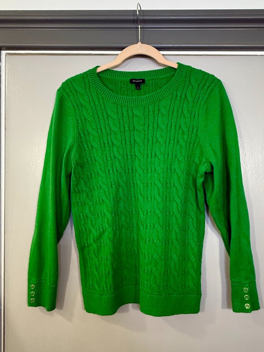 Talbots Green Cable Knit Crewneck Sweater Button Cuffs Size L